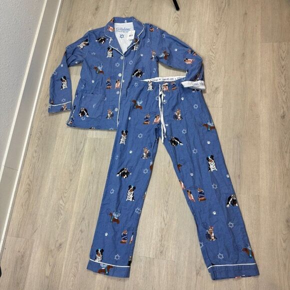 PJ Salvage Hanukkah Cats and Dogs Cotton Flannel Pajama Set Womens Small Blue - Picture 1 of 6